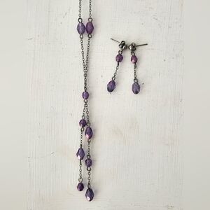 Vintage Purple Beaded Single Strand Necklace & Earrings Set M&S UK